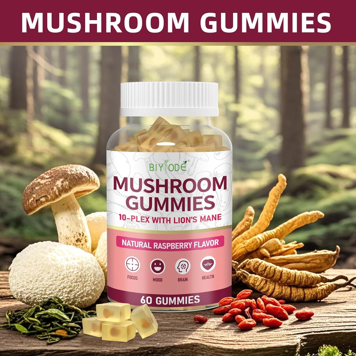 "10x Mushroom Gummies displayed with fresh Lion’s Mane, Reishi, and Cordyceps mushrooms"