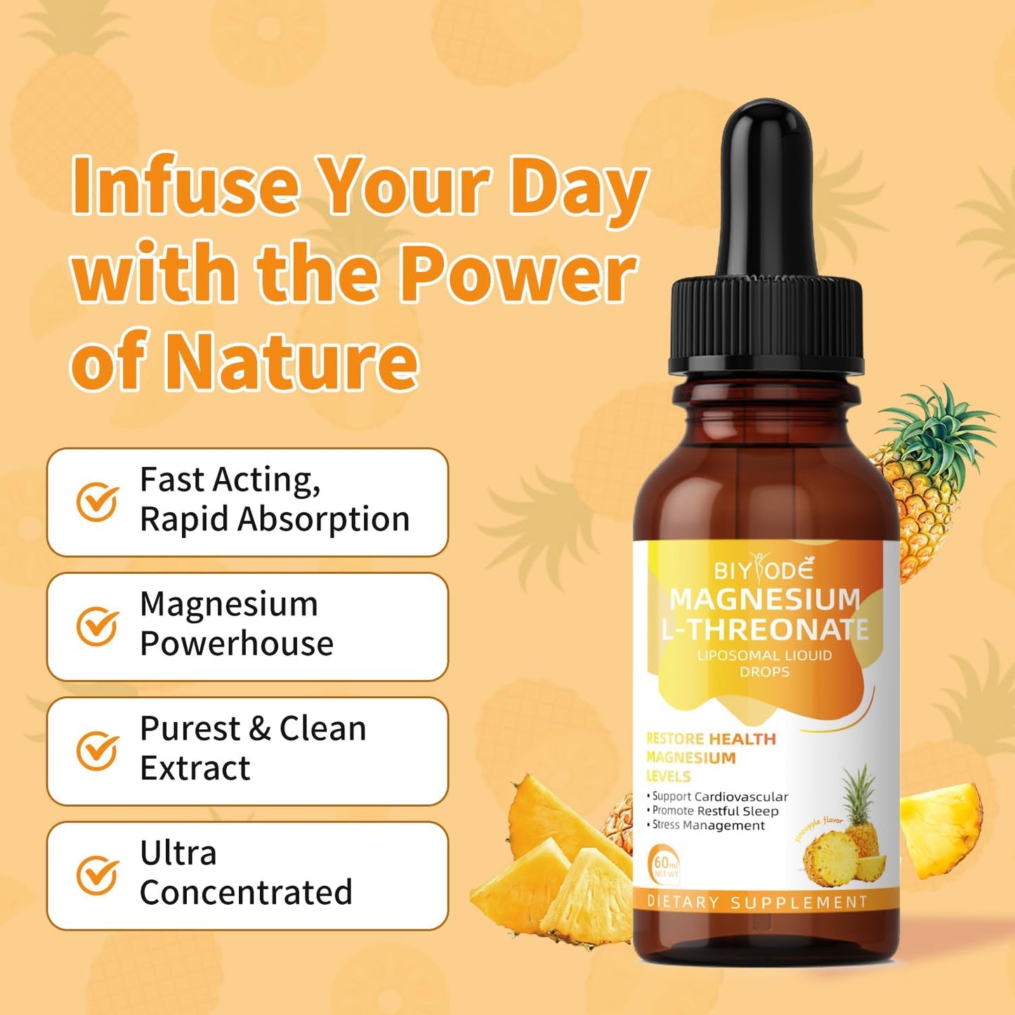 "Magnesium L.Threonate Drops bottle surrounded by icons representing memory, focus, and sleep support