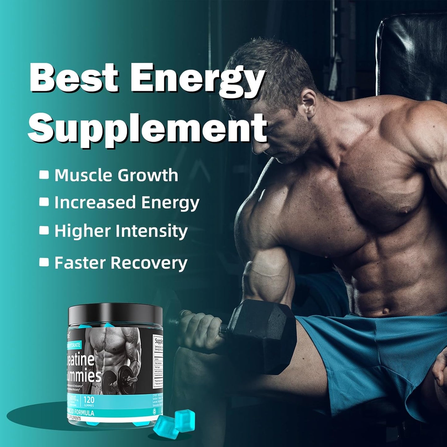 Athlete holding a Creatine Monohydrate gummy before workout session in gym setting.