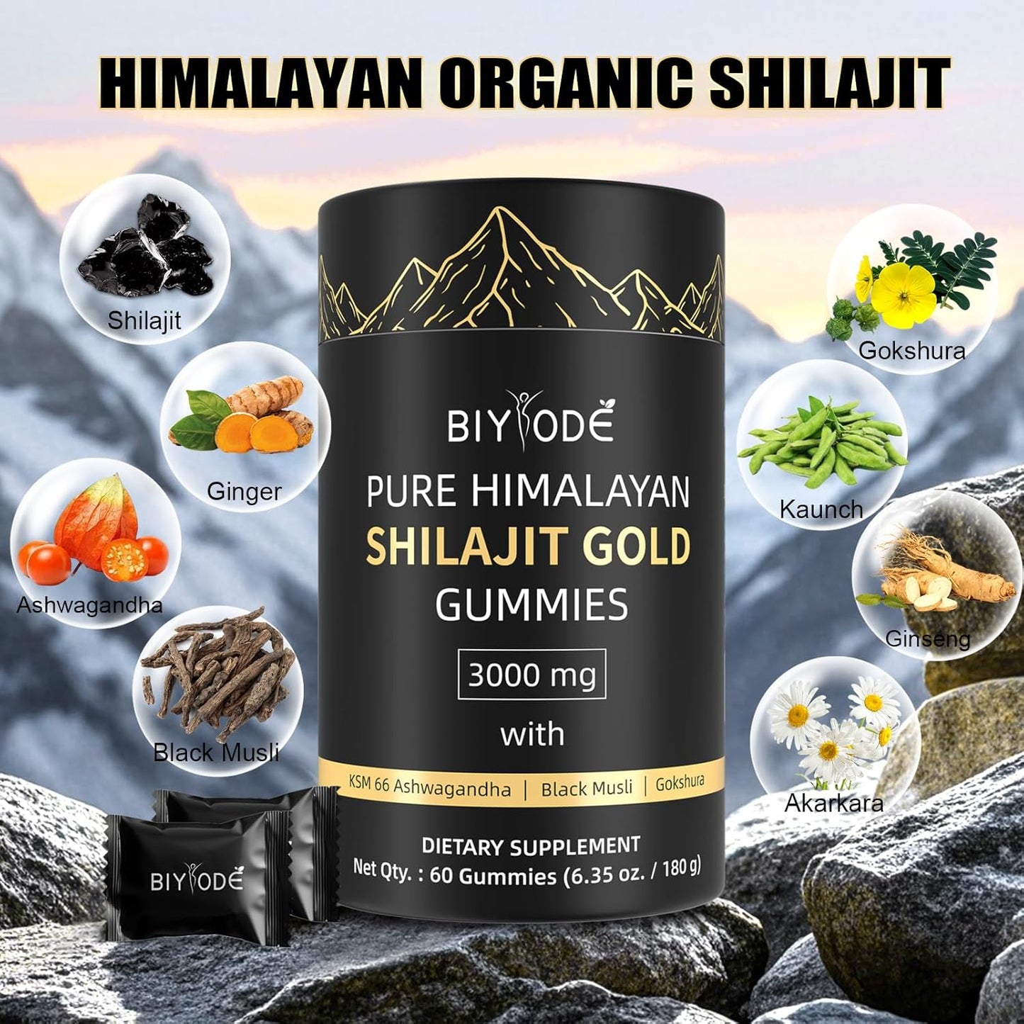 Shilajit Gummies jar placed with Himalayan rock,
resin chunk, and herbs for natural energy theme"