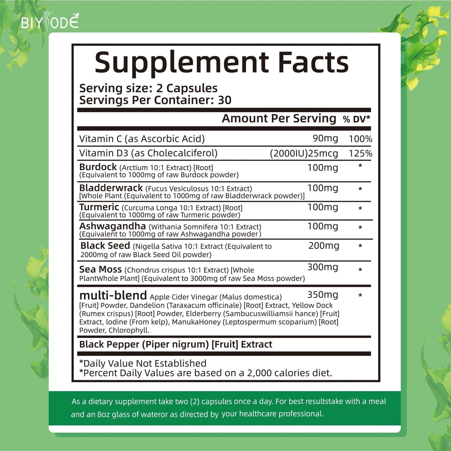 Organic Sea Moss Capsules with Bladder wrack & Burdock for full-body wellness. Supports digestion, thyroid, and immune health.