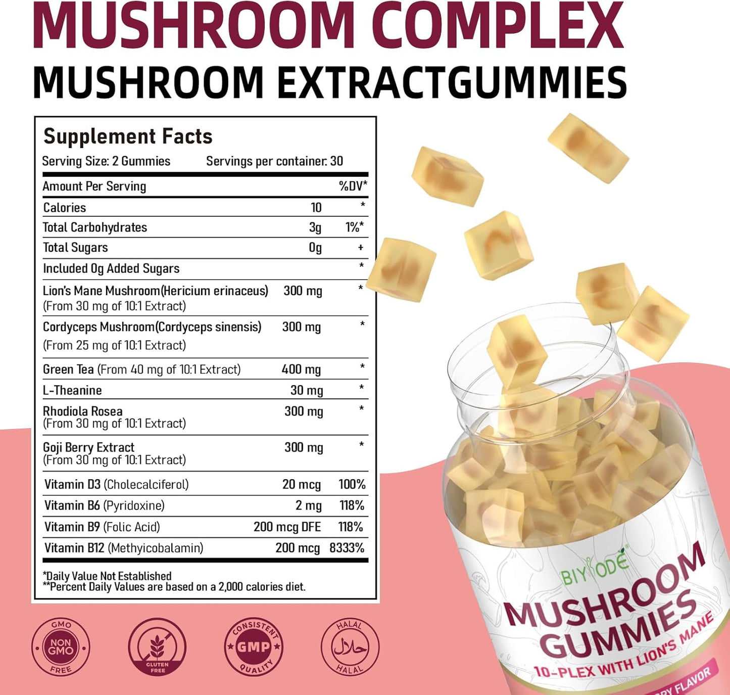 "10x Mushroom Gummies displayed with fresh Lion’s Mane, Reishi, and Cordyceps mushrooms"