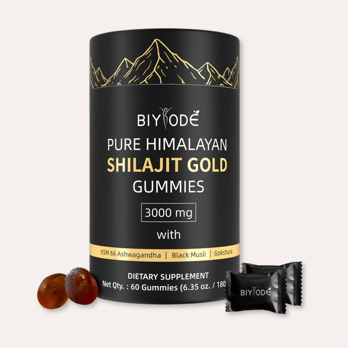 Shilajit Gummies jar placed with Himalayan rock, resin chunk, and herbs for natural energy theme"