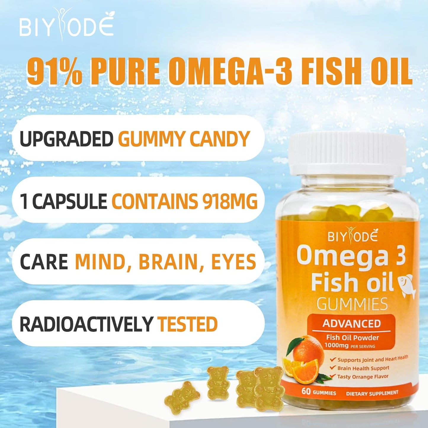 Transparent bottle of fish oil soft gels with label highlighting EPA/DHA content – supports overall health.