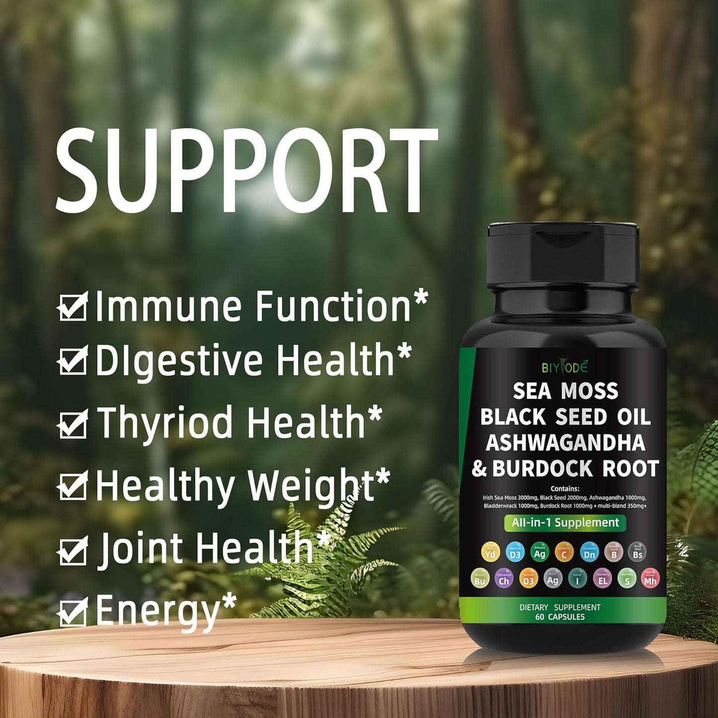 Organic Sea Moss Capsules with Bladder wrack & Burdock for full-body wellness. Supports digestion, thyroid, and immune health.