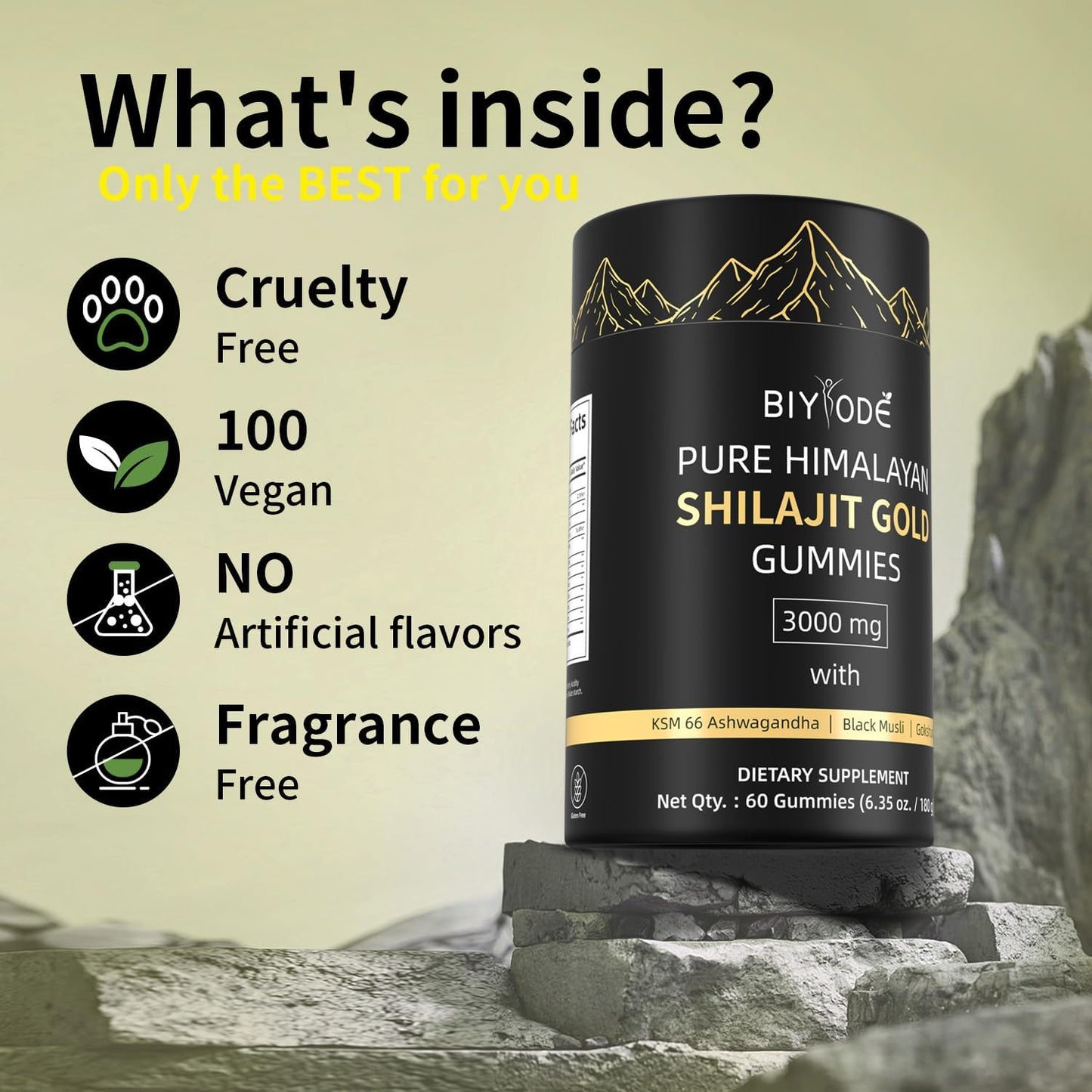 Shilajit Gummies jar placed with Himalayan rock, resin chunk, and herbs for natural energy theme.