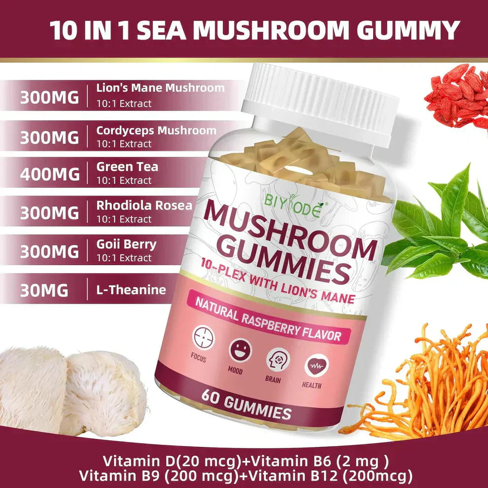 "10x Mushroom Gummies displayed with fresh  Lion’s Mane, Reishi, and Cordyceps mushrooms"