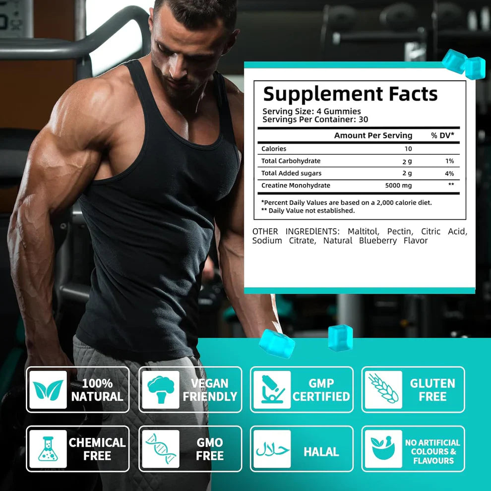 Athlete holding a Creatine Monohydrate gummy   before workout session in gym setting.