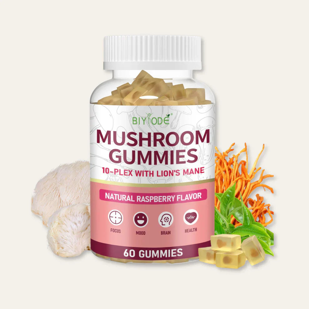 "10x Mushroom Gummies displayed with fresh  Creatine Monohydrate Gummies