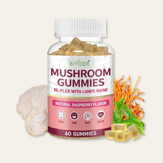 "10x Mushroom Gummies displayed with fresh  Creatine Monohydrate Gummies