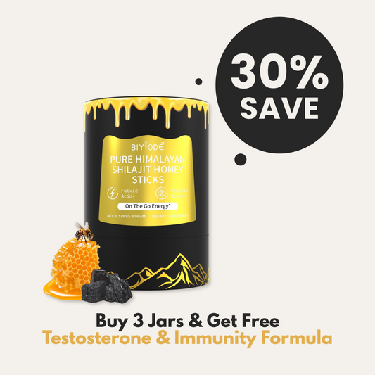 Himalaya Shilajit Honey Stick containing natural honey blended with Himalayan Shilajit, shown in single-use stick packaging