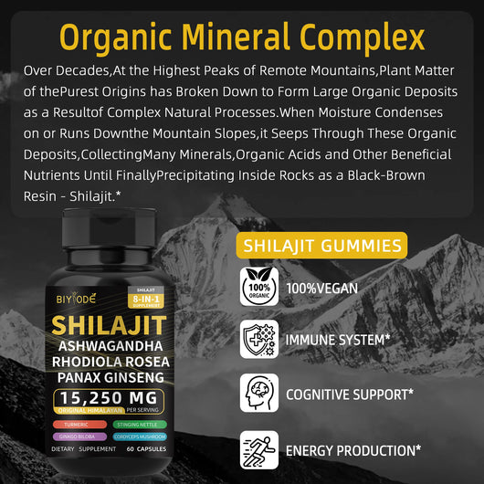 Pure Natural Himalayan Shilajit Capsules With Ashwagandha Ginseng Healthcare Vitamin 8-in-1 Energy Supplement