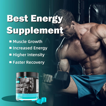 Athlete holding a Creatine Monohydrate gummy   before workout session in gym setting.
