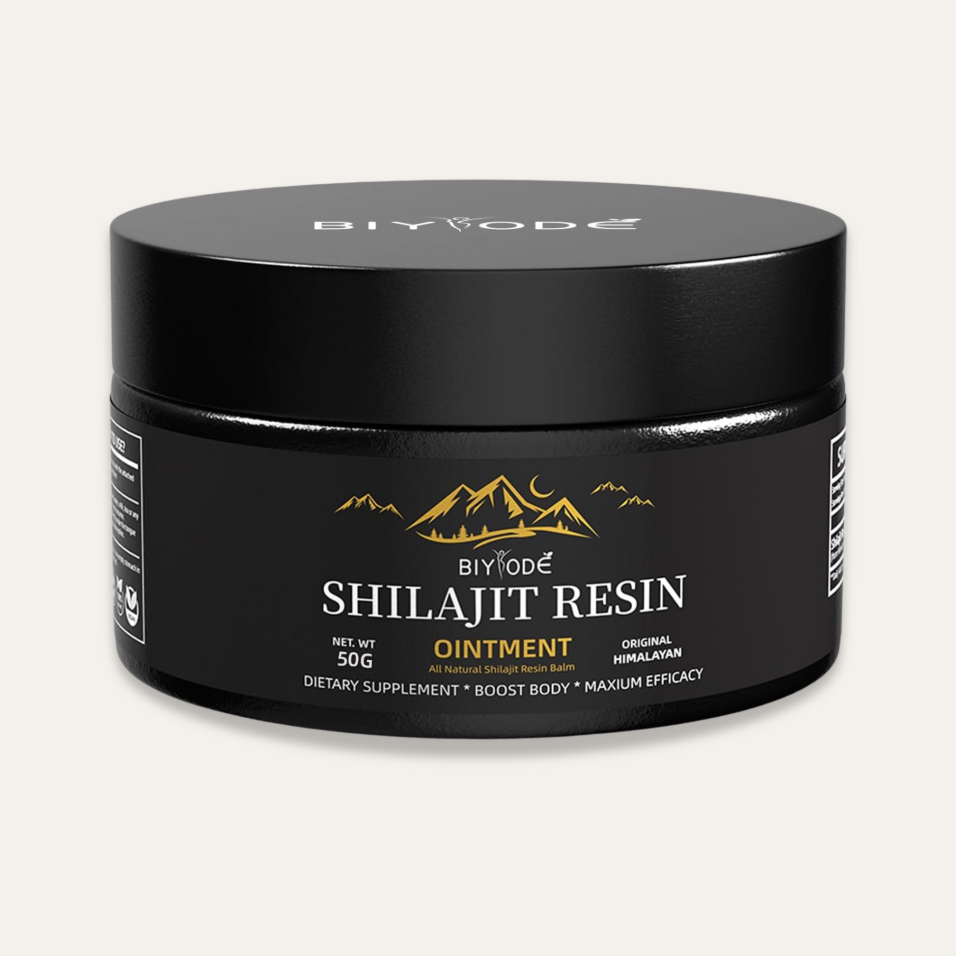 Glass jar of pure Himalayan Shilajit resin with black mineral rich inside.