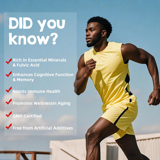Active man running outdoors highlighting benefits of Shilajit gummies – rich in fulvic acid and essential minerals, supports energy, cognitive function, immunity, anti-aging, GMP-certified and free from artificial additives.