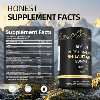 Honest Supplement Facts of Biyode Pure Himalayan Shilajit Gold Gummies 3000mg – 60% fulvic acid, KSM-66 Ashwagandha, Black Musli, sugar-free, vegan, gluten-free energy support formula.