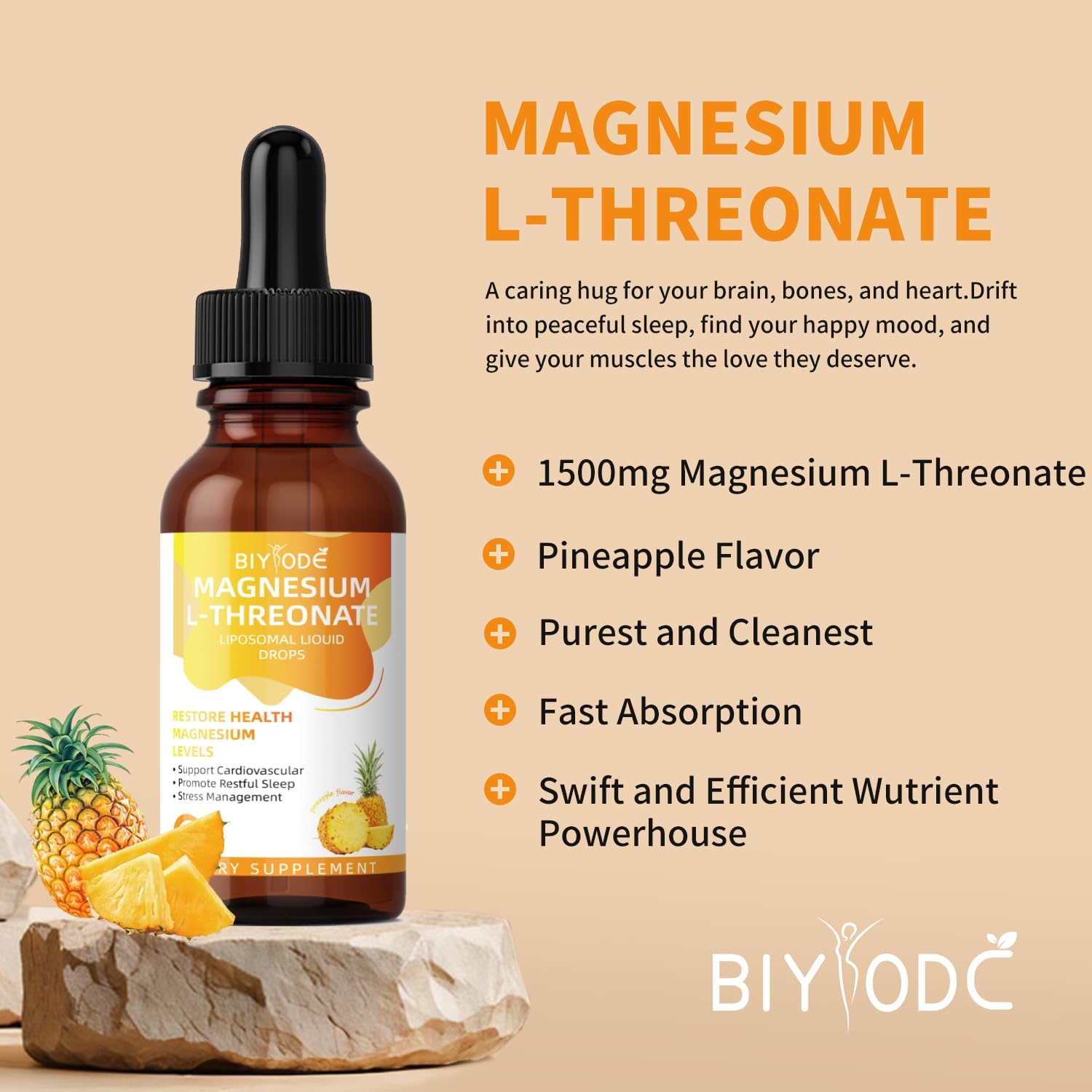 "Magnesium L.Threonate Drops bottle surrounded by 
icons representing memory, focus, and sleep support