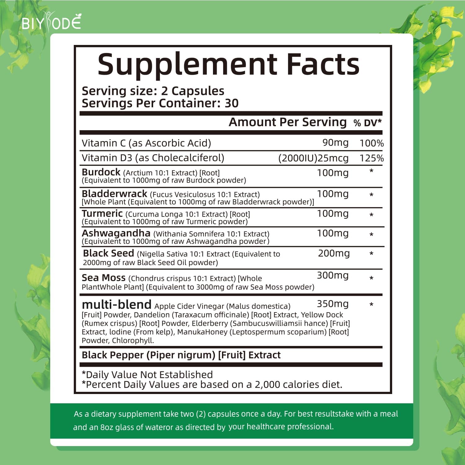 Organic Sea Moss Capsules with Bladder wrack & Burdock for full-body wellness. Supports digestion, thyroid, and immune health.

