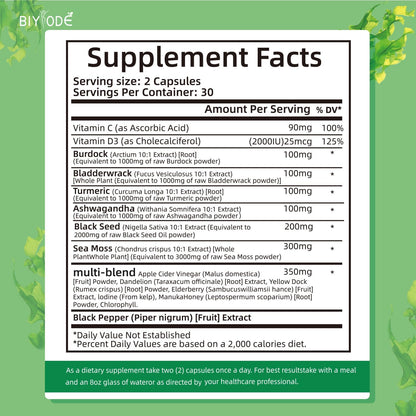 Organic Sea Moss Capsules with Bladder wrack & Burdock for full-body wellness. Supports digestion, thyroid, and immune health.

