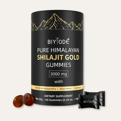 Shilajit Gummies jar placed with Himalayan rock, resin chunk, and herbs for natural energy theme"