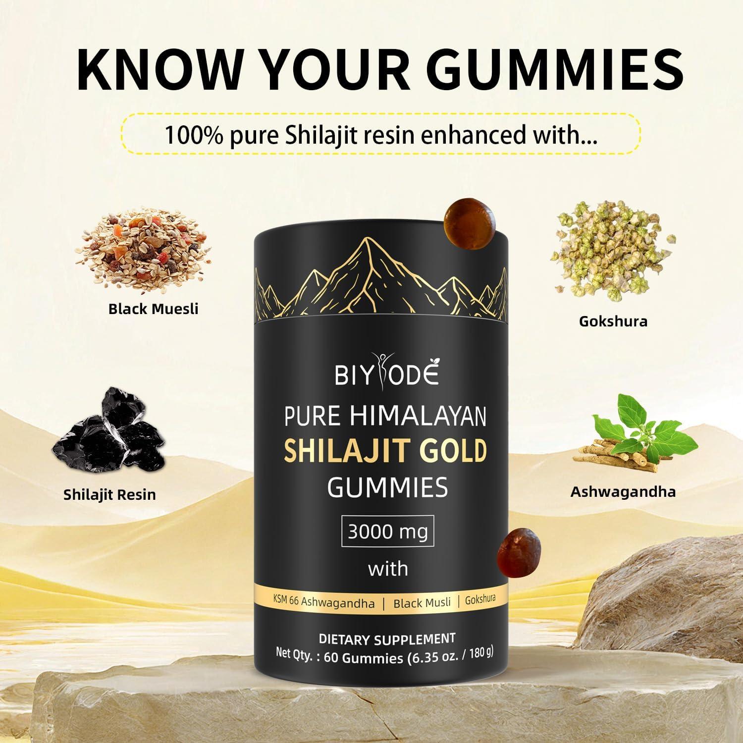 Shilajit Gummies jar placed with Himalayan rock, resin chunk, and herbs for natural energy theme