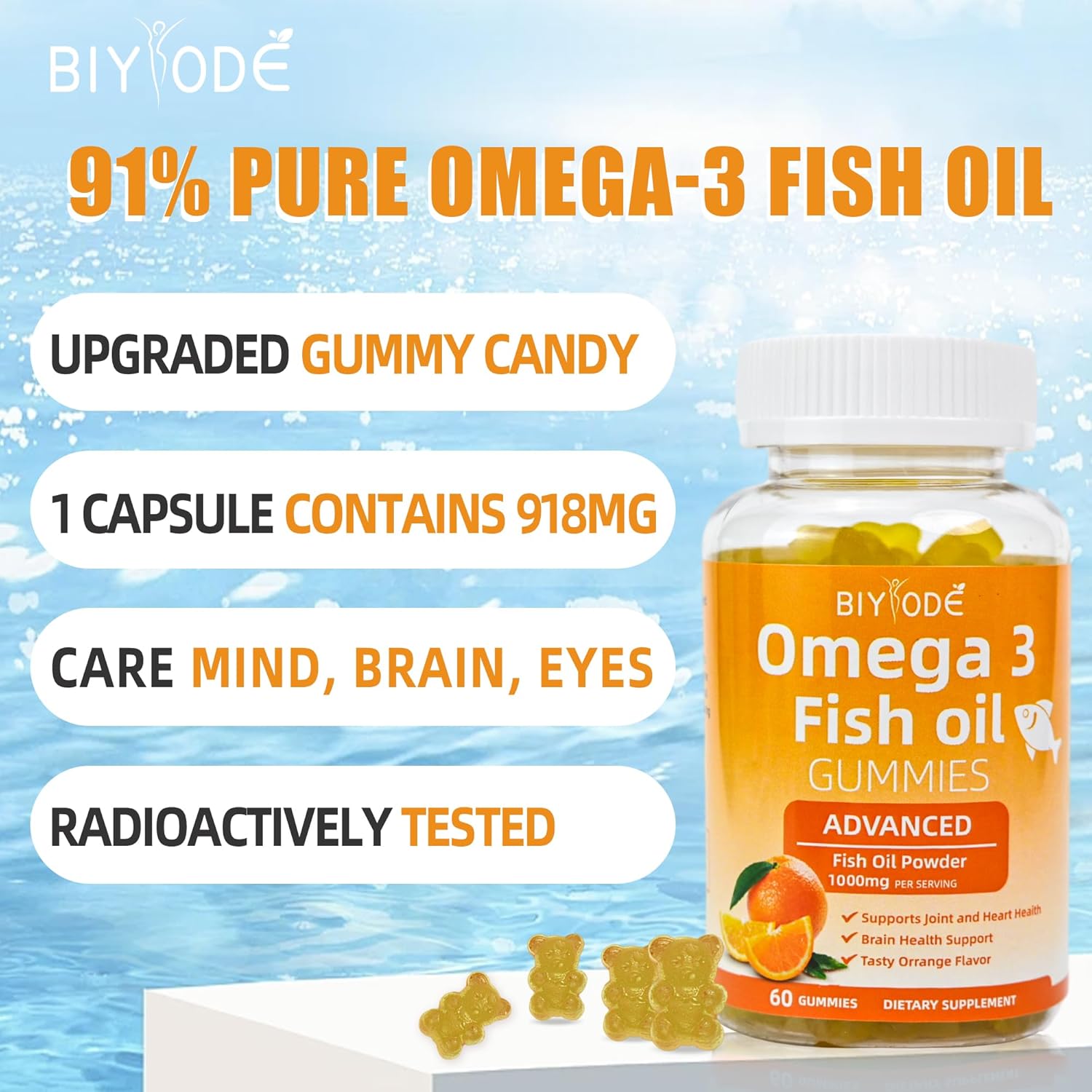 Transparent bottle of fish oil soft gels with label highlighting EPA/DHA content – supports overall health.