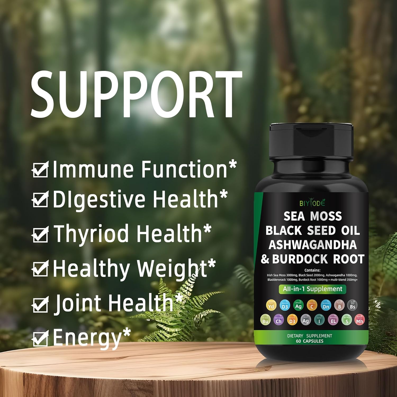 Organic Sea Moss Capsules with Bladder wrack & Burdock for full-body wellness. Supports digestion, thyroid, and immune health.

