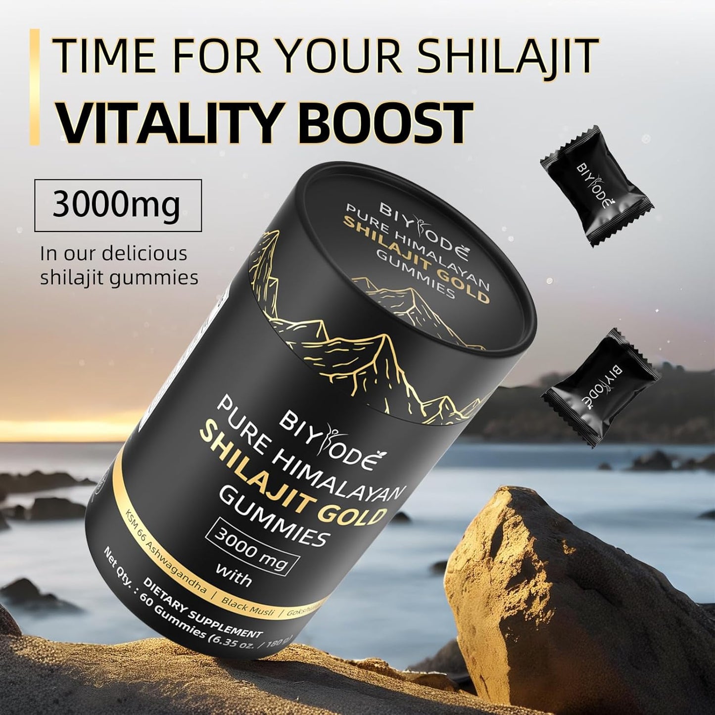 "Person taking a Shilajit Gummy in the morning with 
tea and supplements on a wellness tray.